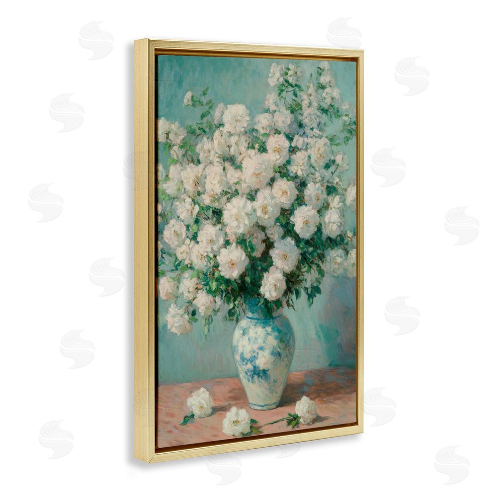 Petal Prints Design Lush Bouquet of White Roses Gold Floating Framed Canvas Wall Art