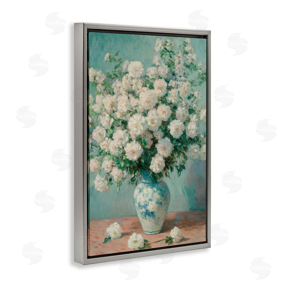 Petal Prints Design Lush Bouquet of White Roses Gray Floating Framed Canvas Wall Art