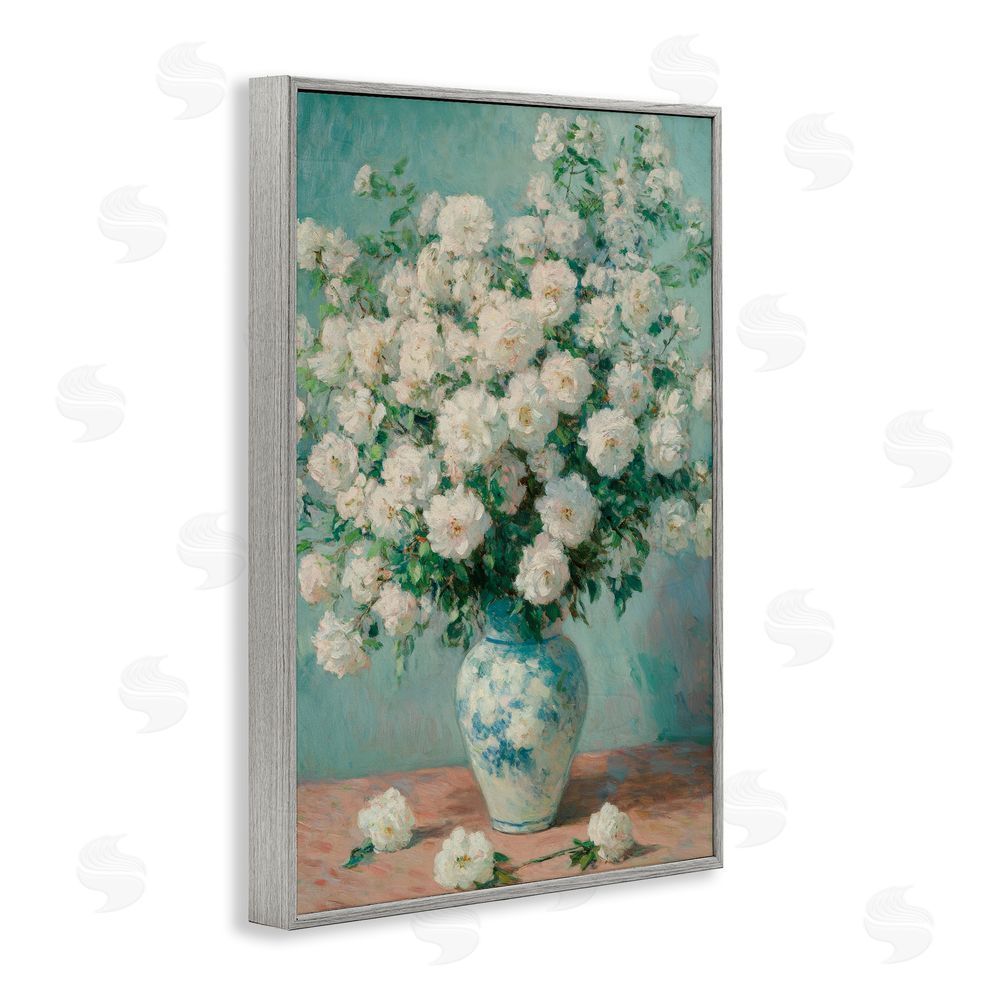Petal Prints Design Lush Bouquet of White Roses Gray Framed Giclee Wall Art