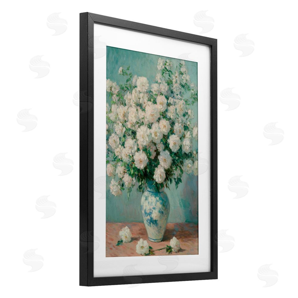 Petal Prints Design Lush Bouquet of White Roses Black Framed Print Under Glass Wall Art