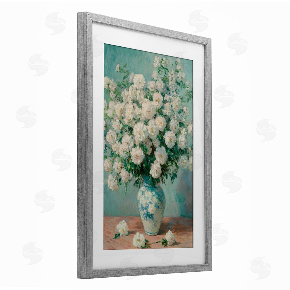 Petal Prints Design Lush Bouquet of White Roses Gray Framed Print Under Glass Wall Art