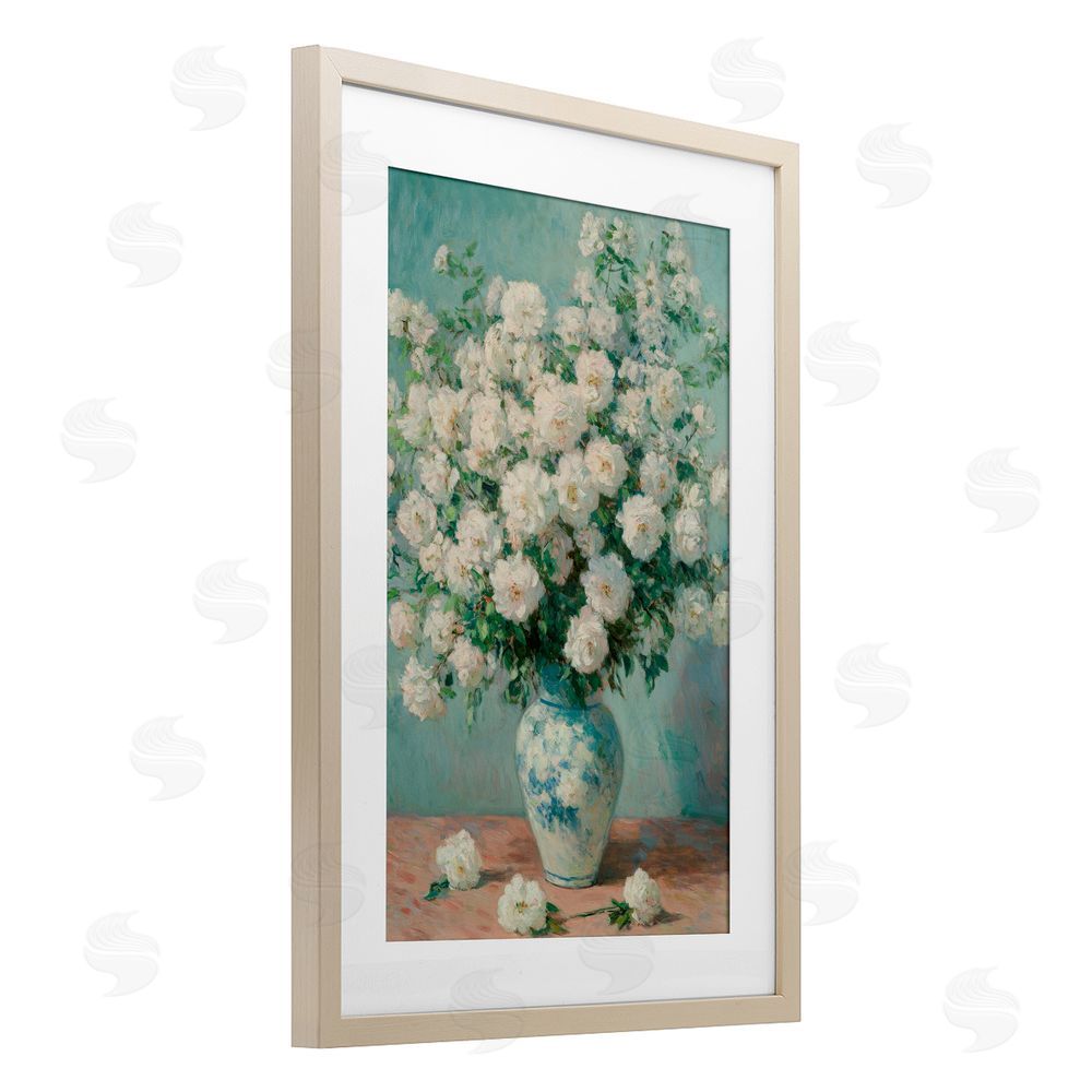 Petal Prints Design Lush Bouquet of White Roses Brown Framed Print Under Glass Wall Art