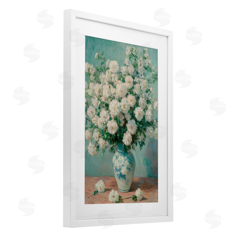 Petal Prints Design Lush Bouquet of White Roses White Framed Print Under Glass Wall Art