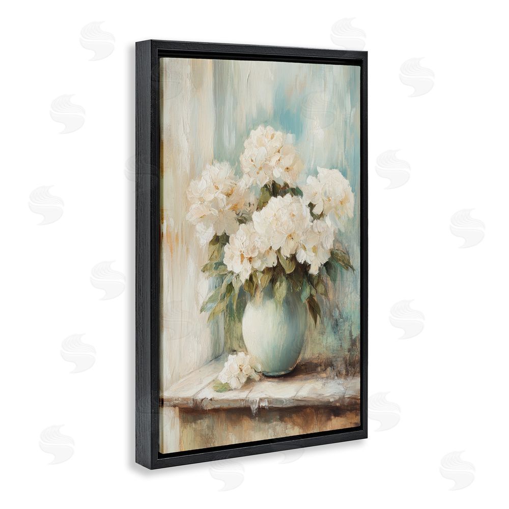 Petal Prints Design Mantle Arrangement of Soft Blossoms Black Floating Framed Canvas Wall Art