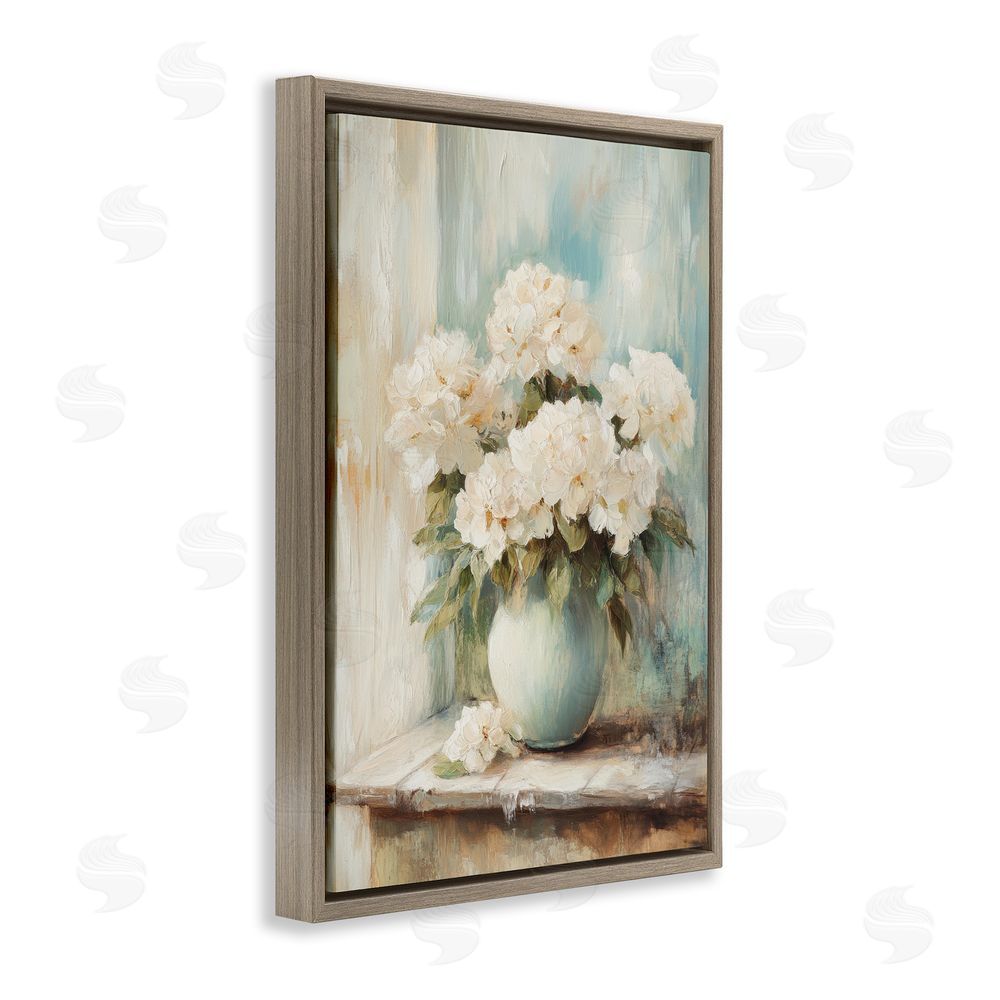 Petal Prints Design Mantle Arrangement of Soft Blossoms Brown Floating Framed Canvas Wall Art