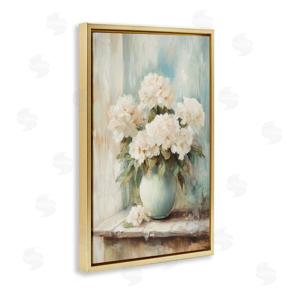 Petal Prints Design Mantle Arrangement of Soft Blossoms Gold Floating Framed Canvas Wall Art