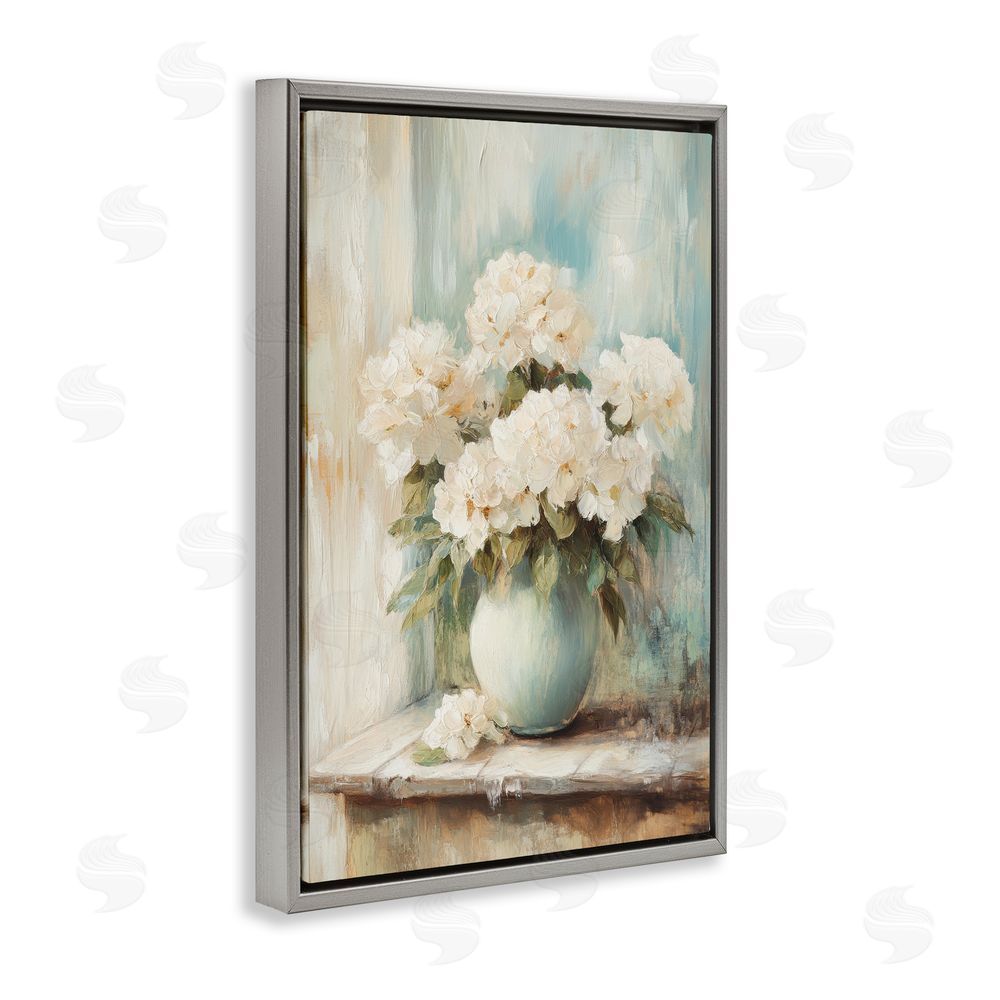 Petal Prints Design Mantle Arrangement of Soft Blossoms Gray Floating Framed Canvas Wall Art
