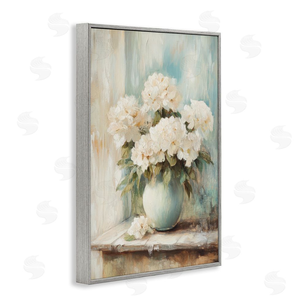 Petal Prints Design Mantle Arrangement of Soft Blossoms Gray Framed Giclee Wall Art