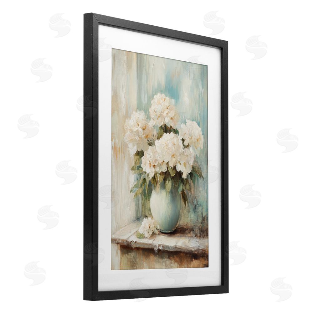Petal Prints Design Mantle Arrangement of Soft Blossoms Black Framed Print Under Glass Wall Art