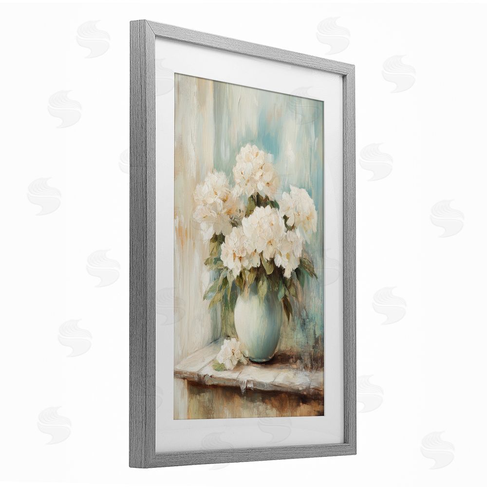 Petal Prints Design Mantle Arrangement of Soft Blossoms Gray Framed Print Under Glass Wall Art