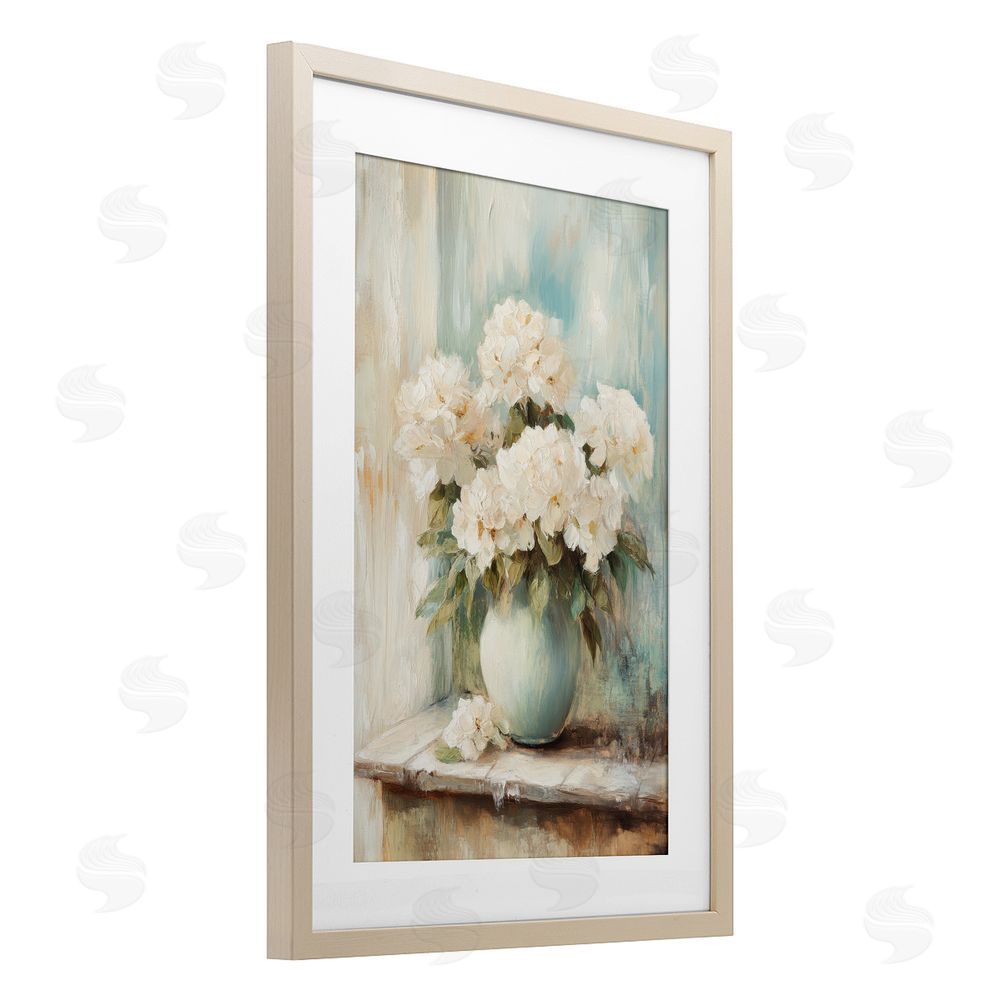 Petal Prints Design Mantle Arrangement of Soft Blossoms Brown Framed Print Under Glass Wall Art