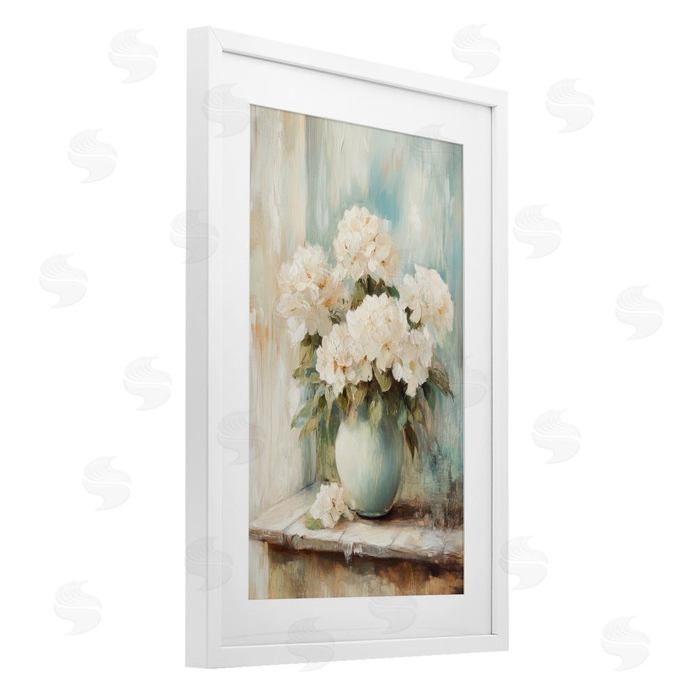 Petal Prints Design Mantle Arrangement of Soft Blossoms White Framed Print Under Glass Wall Art