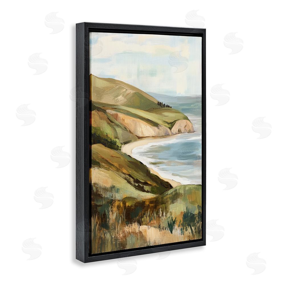 Petal Prints Design Painted Cliffside By The Sea Black Floating Framed Canvas Wall Art