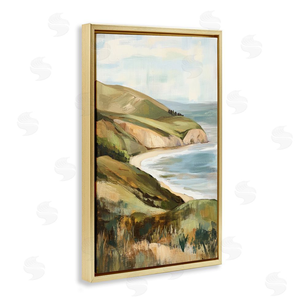 Petal Prints Design Painted Cliffside By The Sea Gold Floating Framed Canvas Wall Art