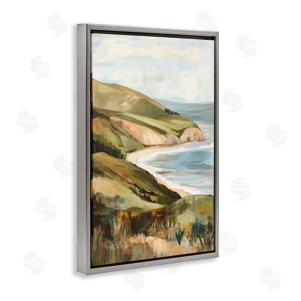 Petal Prints Design Painted Cliffside By The Sea Gray Floating Framed Canvas Wall Art
