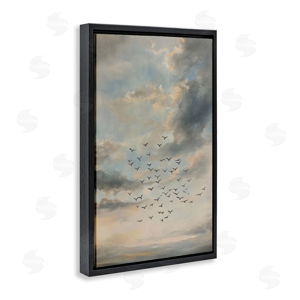 Petal Prints Design Birds in the Clouds at Dusk Black Floating Frame Stretched Canvas Wall Art Print