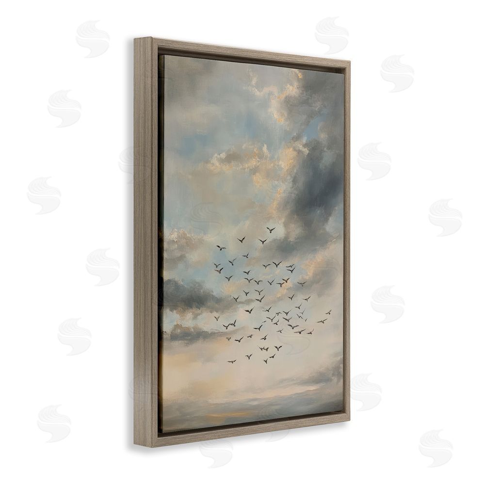 Petal Prints Design Birds in the Clouds at Dusk Brown Floating Frame Stretched Canvas Wall Art Print
