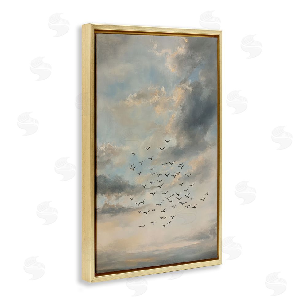 Petal Prints Design Birds in the Clouds at Dusk Gold Floating Frame Stretched Canvas Wall Art Print