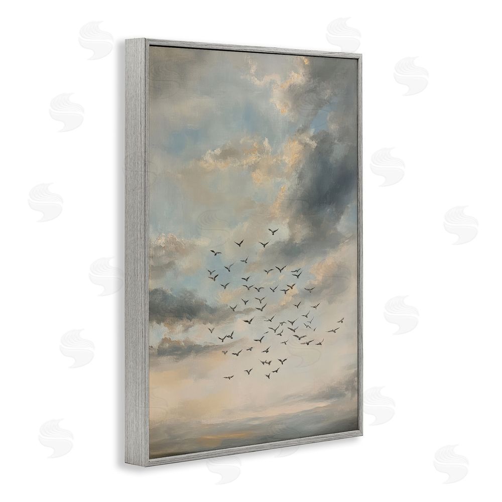 Petal Prints Design Birds in the Clouds at Dusk Gray Framed Giclee Wall Art Print