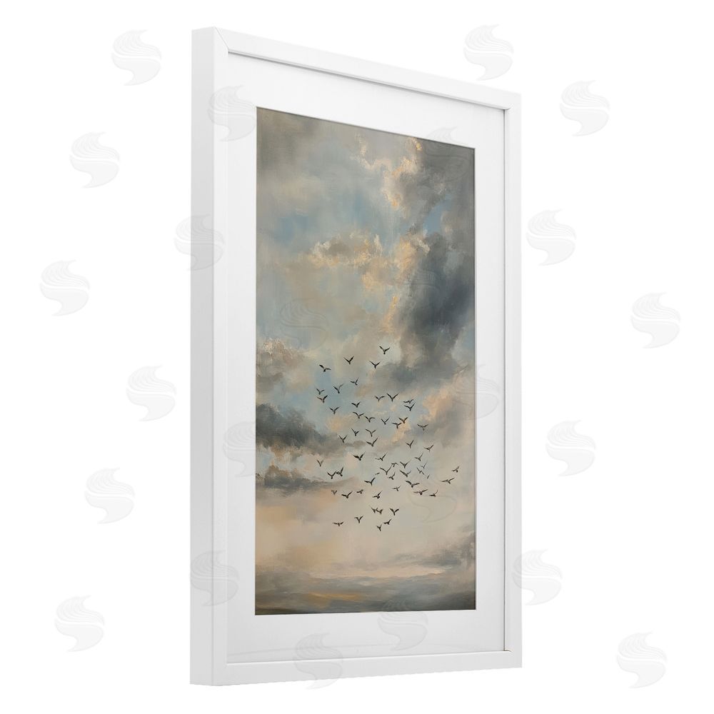 Petal Prints Design Birds in the Clouds at Dusk White Framed Print Under Glass with Matting Wall Art