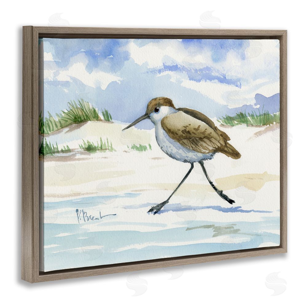 Paul Brent Inlet Beach Sandpiper Running Brown Floating Framed Canvas Wall Art