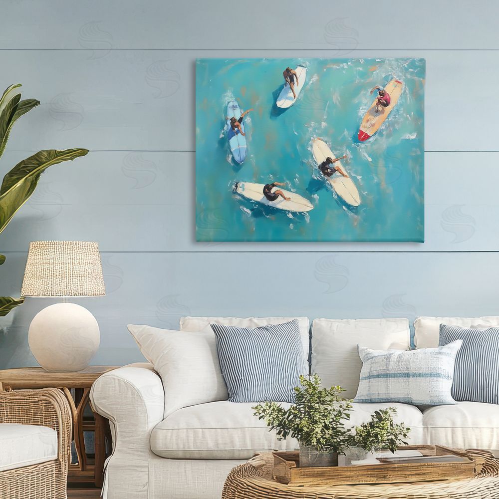 LSR Design Studio Group of Surfers at Sea Stretched Canvas Wall Art in Room