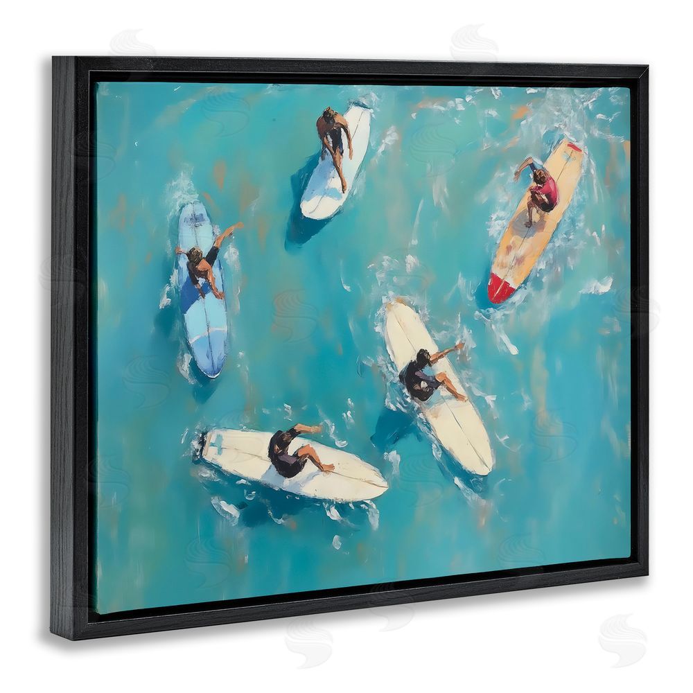 LSR Design Studio Group of Surfers at Sea Black Floating Framed Canvas Wall Art
