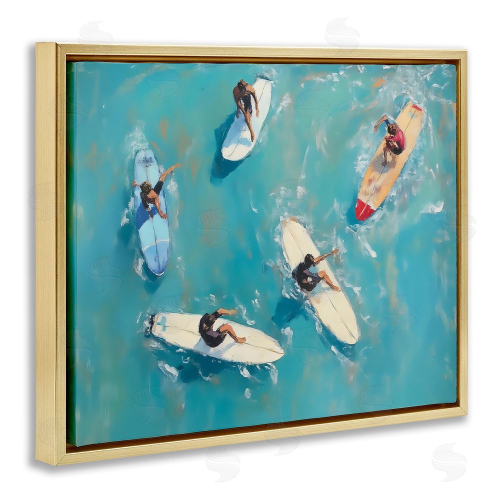 LSR Design Studio Group of Surfers at Sea Gold Floating Framed Canvas Wall Art