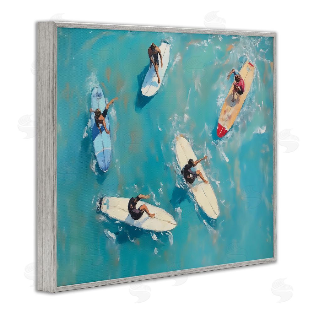 LSR Design Studio Group of Surfers at Sea Gray Framed Giclee Wall Art