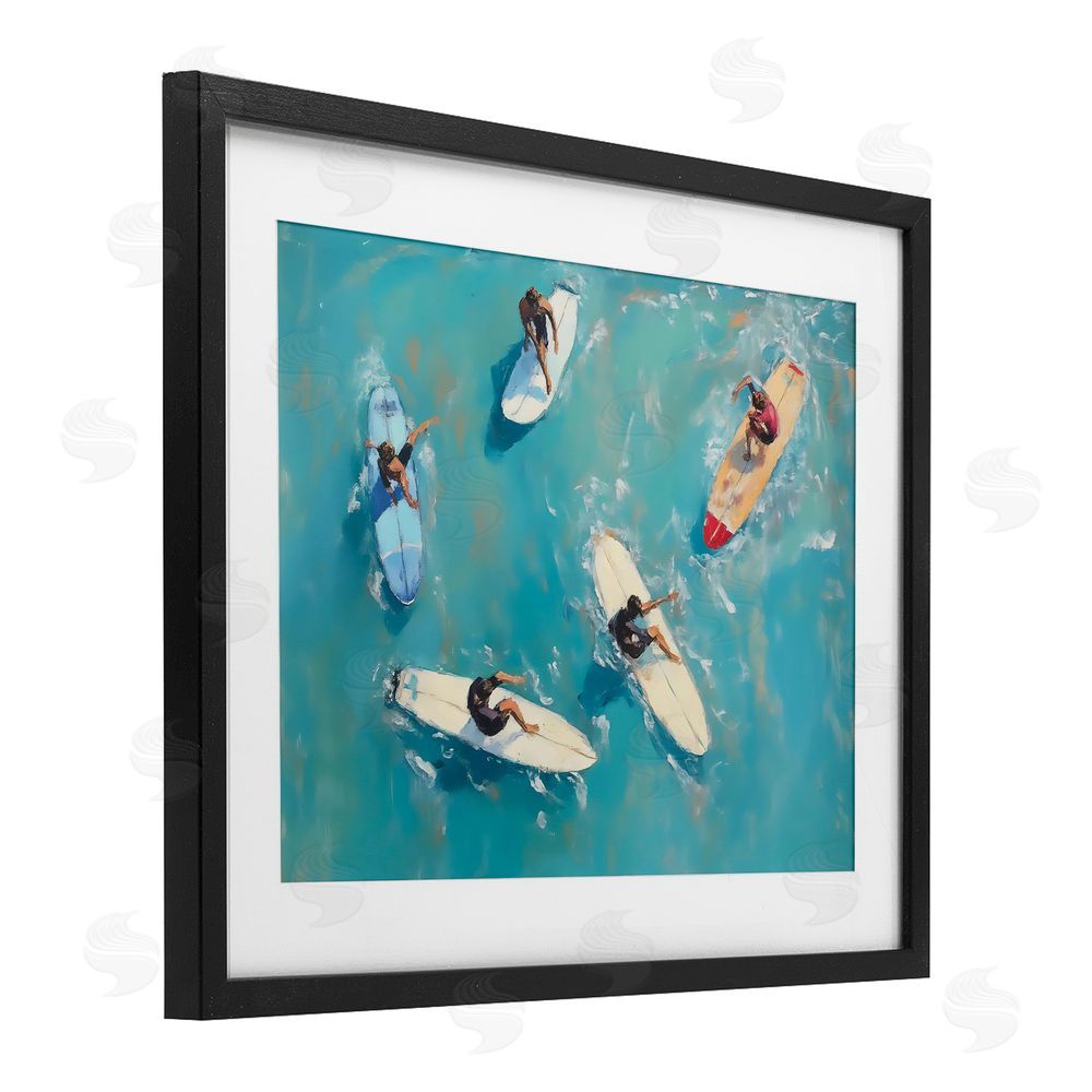 LSR Design Studio Group of Surfers at Sea Black Framed Print Under Glass Wall Art