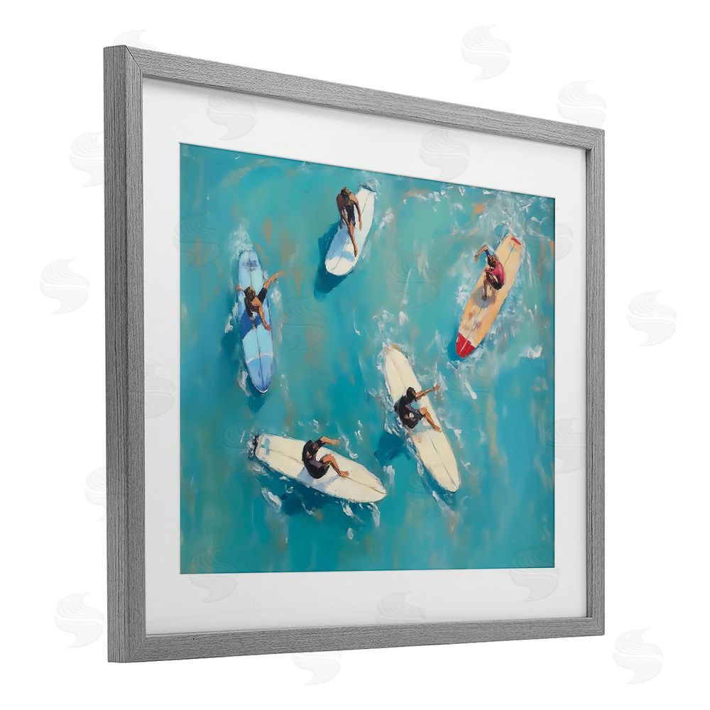 LSR Design Studio Group of Surfers at Sea Gray Framed Print Under Glass Wall Art
