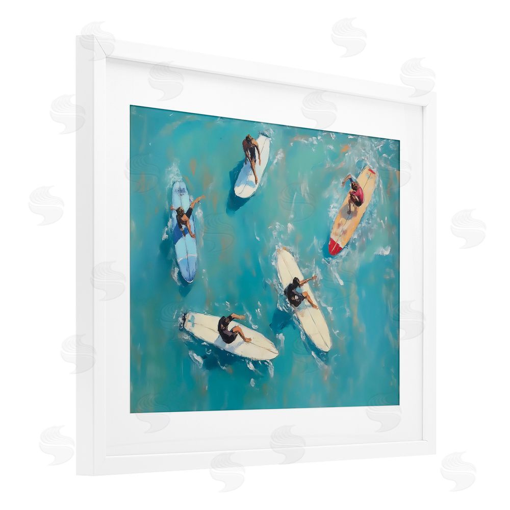 LSR Design Studio Group of Surfers at Sea White Framed Print Under Glass Wall Art