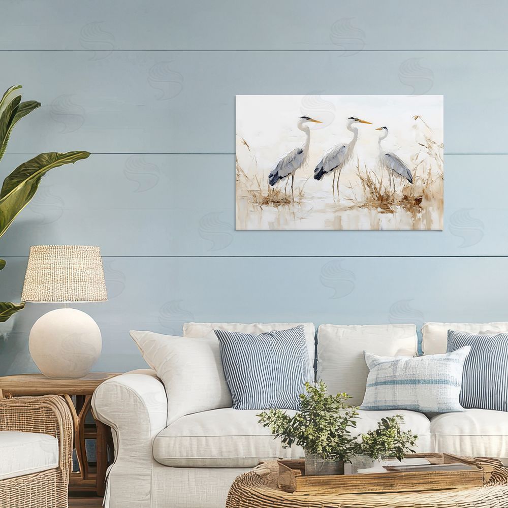 LSR Design Studio Neutral Blue Herons in Reeds Stretched Canvas Wall Art in Room