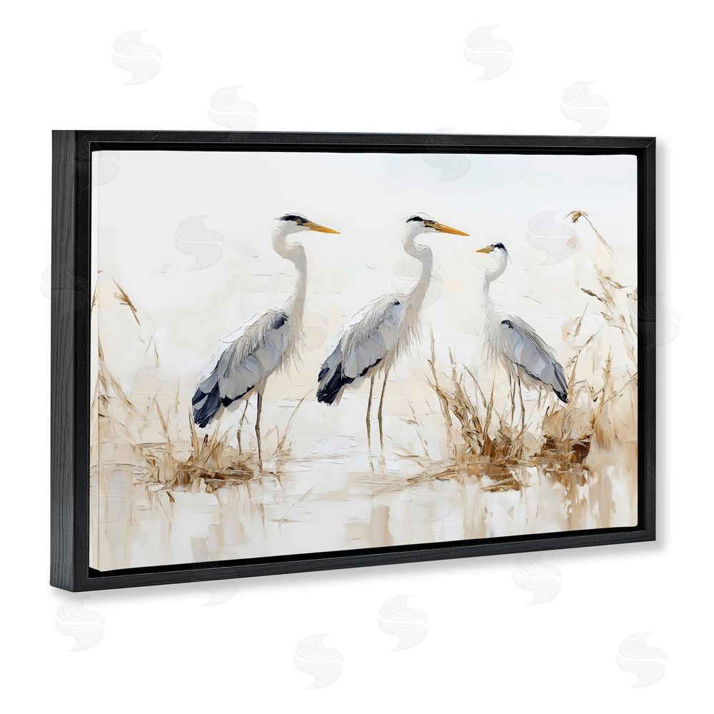 LSR Design Studio Neutral Blue Herons in Reeds Black Floating Framed Canvas Wall Art