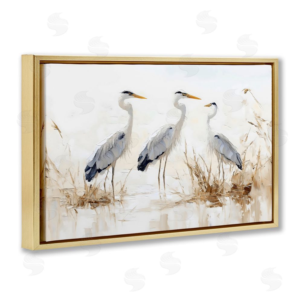 LSR Design Studio Neutral Blue Herons in Reeds Gold Floating Framed Canvas Wall Art