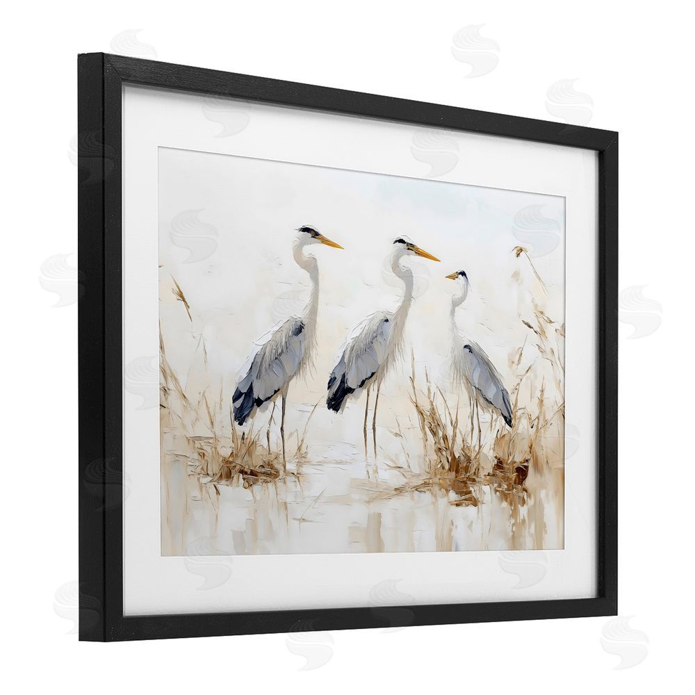 LSR Design Studio Neutral Blue Herons in Reeds Black Framed Print Under Glass Wall Art