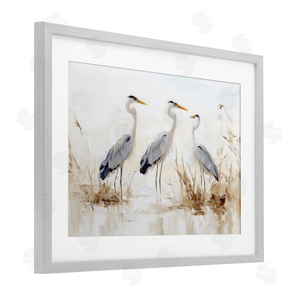 LSR Design Studio Neutral Blue Herons in Reeds Gray Framed Print Under Glass Wall Art