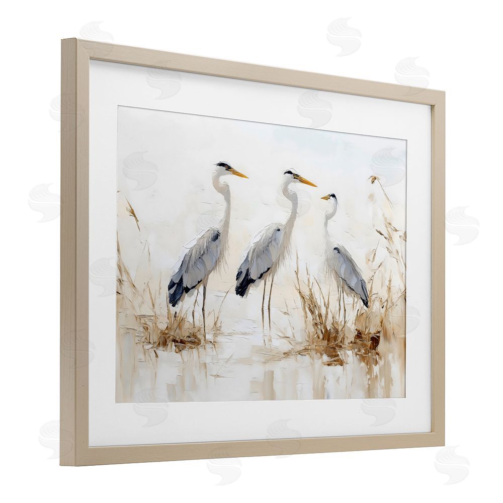 LSR Design Studio Neutral Blue Herons in Reeds Brown Framed Print Under Glass Wall Art