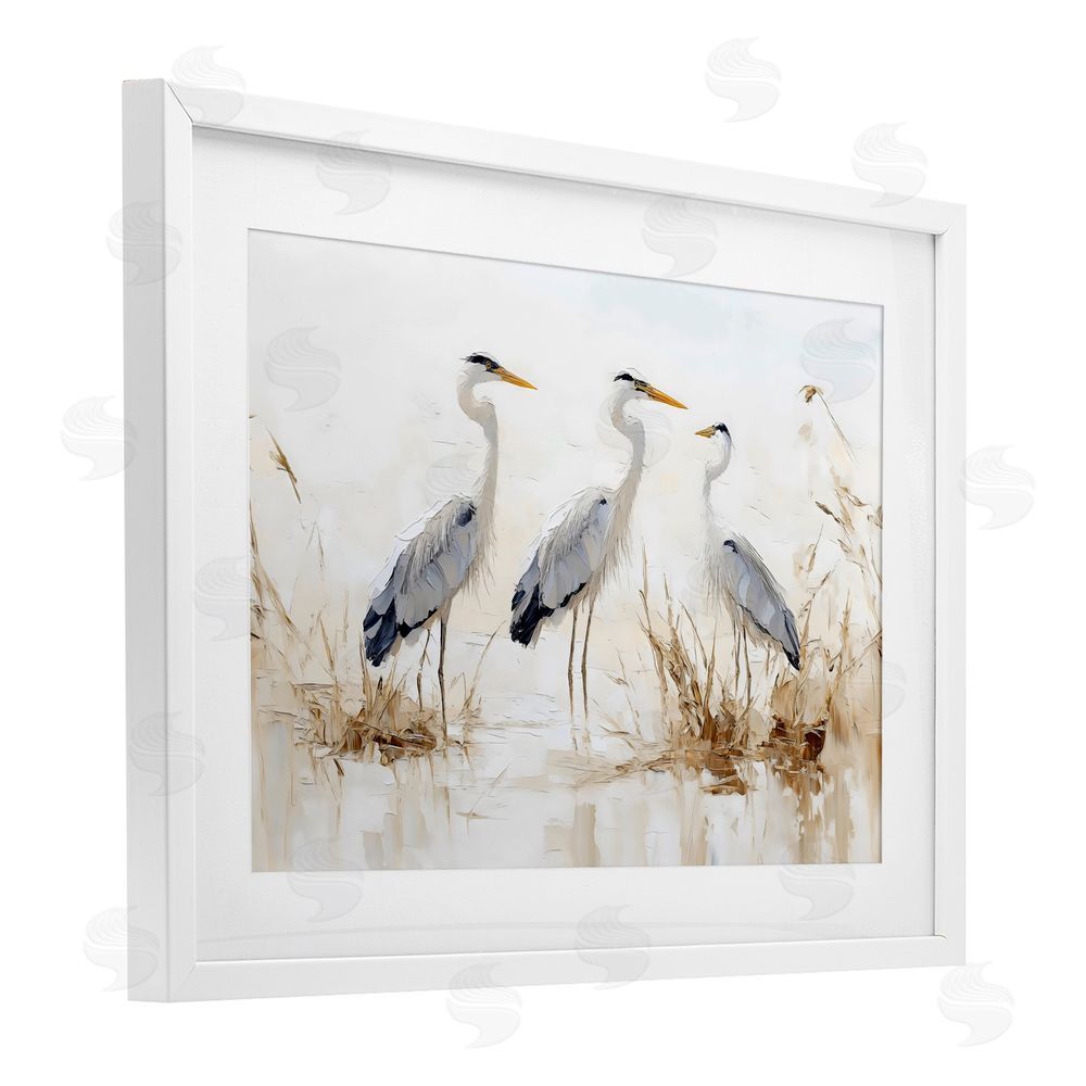 LSR Design Studio Neutral Blue Herons in Reeds White Framed Print Under Glass Wall Art