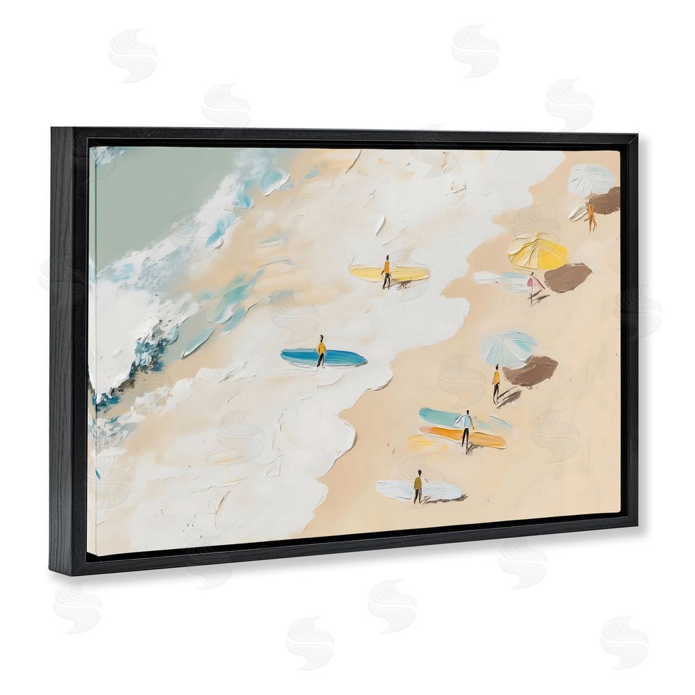 LSR Design Studio Beach Surf Summer Scene Black Floating Frame Stretched Canvas Wall Art Print