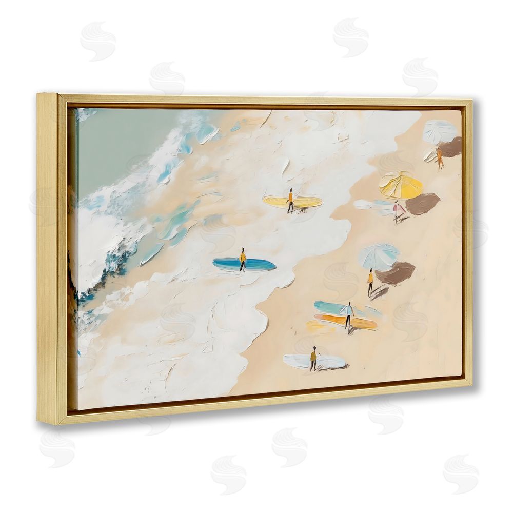 LSR Design Studio Beach Surf Summer Scene Gold Floating Frame Stretched Canvas Wall Art Print