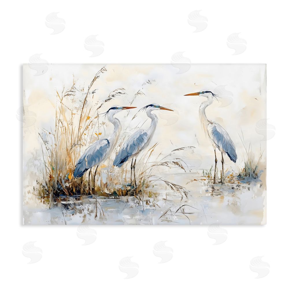 LSR Design Studio Blue Heron Trio in Wetlands Stretched Canvas Wall Art Print