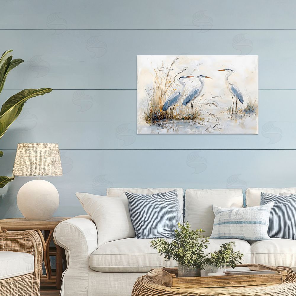 LSR Design Studio Blue Heron Trio in Wetlands Stretched Canvas Wall Art Print in Room
