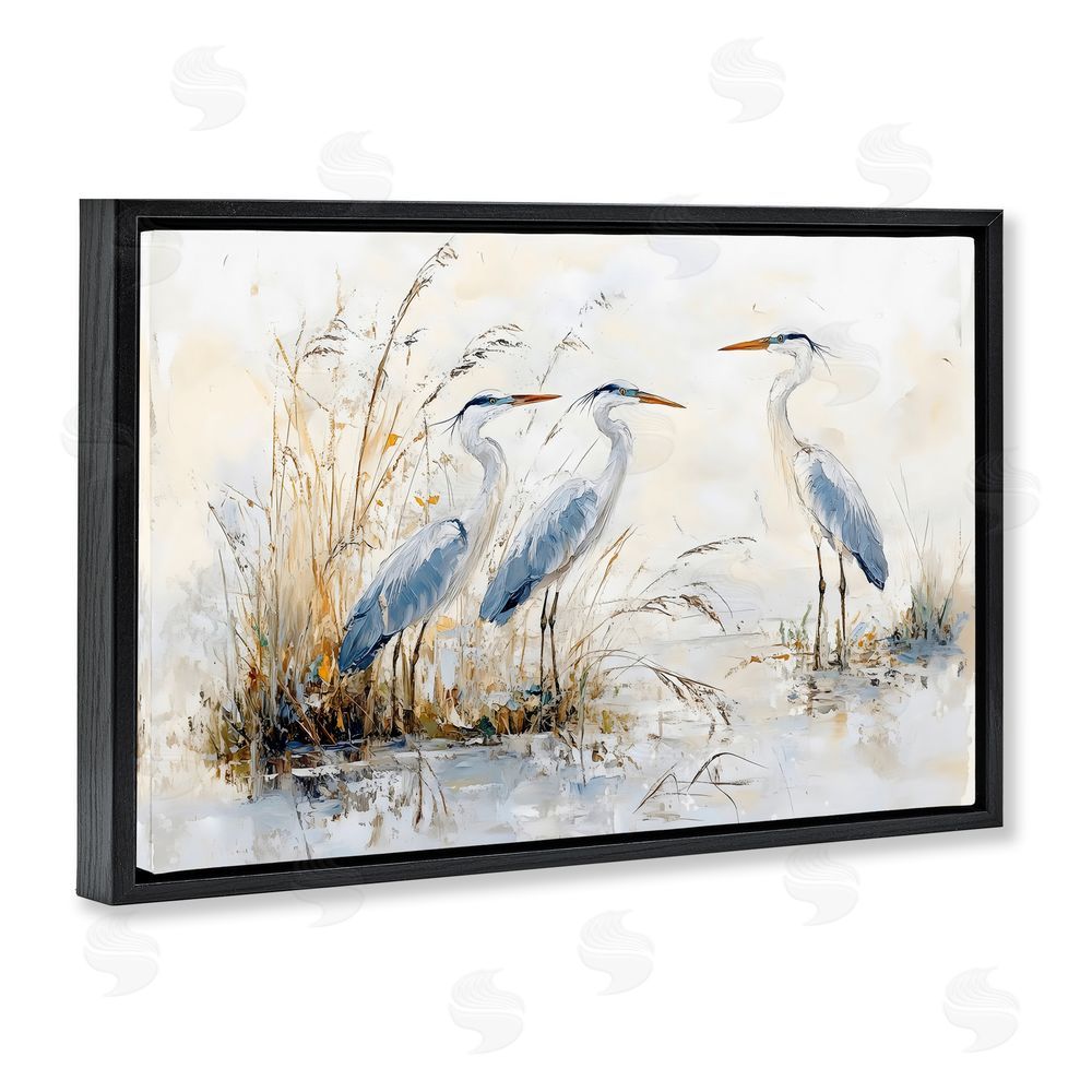 LSR Design Studio Blue Heron Trio in Wetlands Black Floating Frame Stretched Canvas Wall Art Print