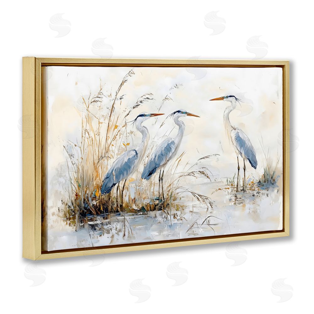 LSR Design Studio Blue Heron Trio in Wetlands Gold Floating Frame Stretched Canvas Wall Art Print