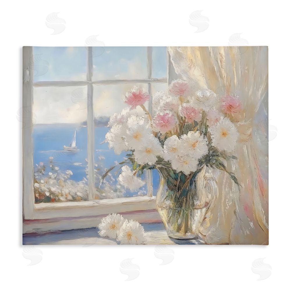 LSR Design Studio Coastal View Floral Window Bouquet Stretched Canvas Wall Art