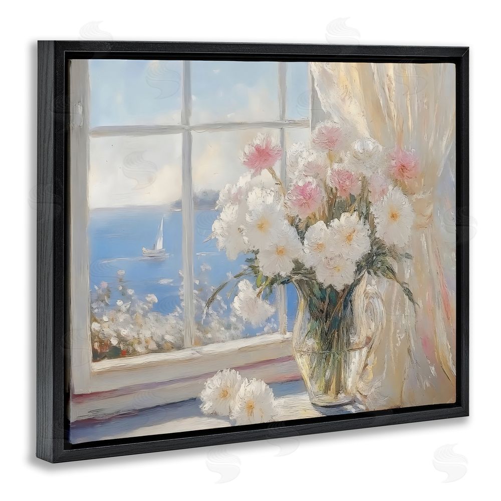 LSR Design Studio Coastal View Floral Window Bouquet Black Floating Frame Canvas Wall Art Print