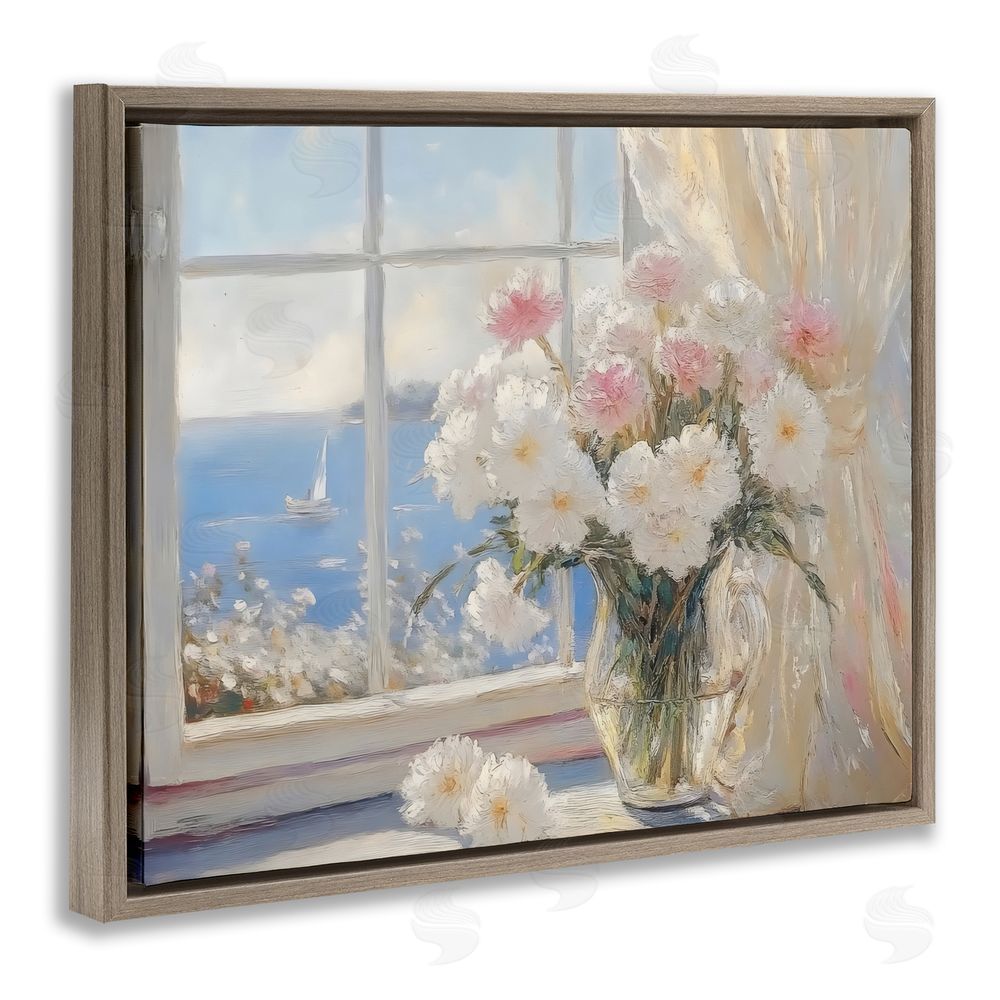 LSR Design Studio Coastal View Floral Window Bouquet Brown Floating Frame Canvas Wall Art Print