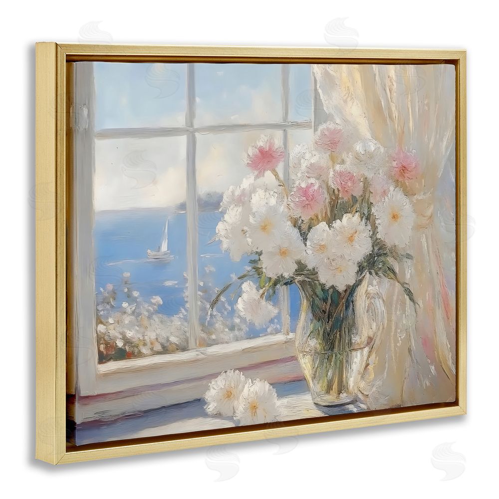 LSR Design Studio Coastal View Floral Window Bouquet Gold Floating Frame Canvas Wall Art Print