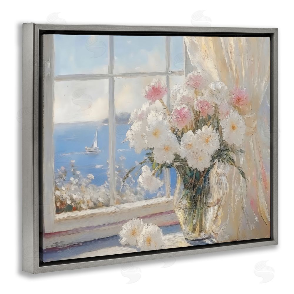 LSR Design Studio Coastal View Floral Window Bouquet Gray Floating Frame Canvas Wall Art Print
